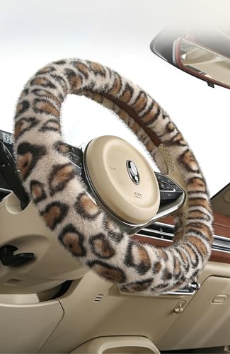 Fluffy Cheetah Car Steering Wheel Cover Luxurious Faux Fur Leopard Print Cute Wheel Protector Universal 15 Inch Fit for Vehicle, Car, Auto, SUV Winter Warm (Beige) - color: Beige