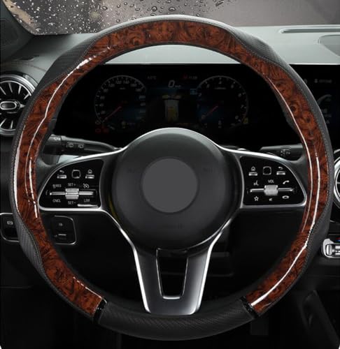 Peach Wood Grain Steering Wheel Cover Anti-Slip Breathable Durable Leather Four Seasons Universal 15 Inch Car Wrap Cover (Coffee) - color: Coffee
