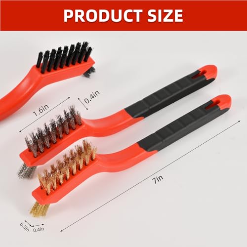 6pcs Wire Brushes for Cleaning Rust, Upgrade Wire Brush Set - Brass/Stainless Steel/Nylon Bristles, Small Metal Wire Brush with Curved Handle Grip, Wire Brushes for Paint and Stain, 7 Inches - style: 6pcs