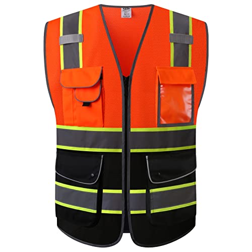 JKSafety 9 Pockets High Visibility Dual Color Zipper Front MESH Lite Safety Vest | Yellow Color Triming Reflective Strip | ANSI/ISEA Standards (100-Orange-Black, M) - color: Orange-black-yellowtrim, size: Medium