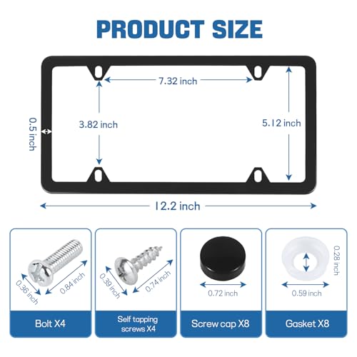 Wuyaoyao 2PCS Car License Plate Frames, 4 Holes Stainless Steel License Plate Frame, Slim License Plates Cover Holder with Screws Bolts Caps Washers, Universal Exterior Car Accessories (Black) - color: Black