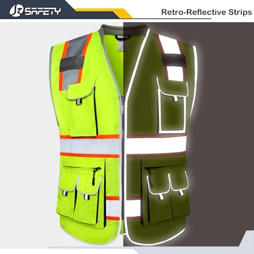 JKSafety 10 Pockets Class 2 Hi-Vis Zipper Front Yellow Safety Vest | Cushioned Collar | High Reflective Tapes with Extended Neon Orange Strips | Meets ANSI/ISEA Standards (Medium, 89-Yellow) - color: Yellowt2s1, size: Medium