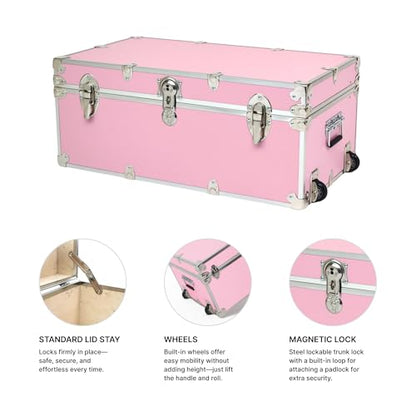 Rhino Trunk & Case Large Essential Trunk With Wheels 32”x18”x14”, 1000+ lbs Capacity - Many Colors. Strong, USA Made Summer Camp Footlocker, and Secure College Dorm Storage Chest - color: Pink