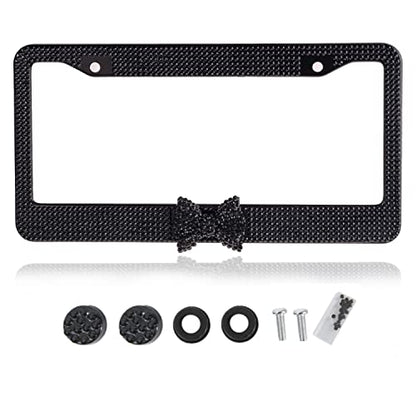 Fashion Premium Handmade Crystal License Plate Frames,Waterproof Bling License Plate Covers,US Universal Rhinestone License Plate Holder for Women(1 Frame,Black Frame Black Bowknot)