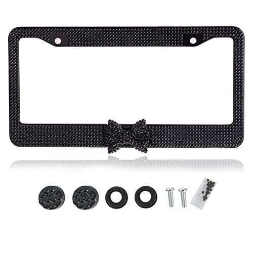 Fashion Premium Handmade Crystal License Plate Frames,Waterproof Bling License Plate Covers,US Universal Rhinestone License Plate Holder for Women(1 Frame,Black Frame Black Bowknot)