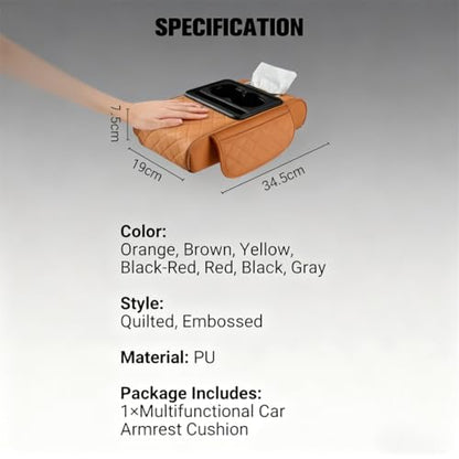 Multifunctional Pu Leather Car Armrest Box Mat, 2026 New Center Console Cover with Cup Holder, Storage Bags, Tissue Boxs Slot, Phone Slot Car Armrest Storage Box Organizer for Most Cars
