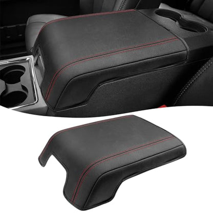 Center Console Armrest Cover for 2011-2016 Ford F250 F350 F450 Super Duty Accessories, Vinyl Leather Middle Armrest Cusion Protector, Anti-Scratch, Bucket Seat Only, Black Red Stitching - size: Bucket Seat, 11-16 F250-F450, red stitch