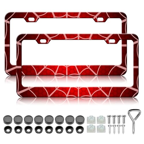 HCSS Red Spider Web License Plate Frames - 2 Pack Funny Cobweb License Plate Holder, Stainless Steel Rust-Proof Waterproof Car Decorative Tag Frame for Standard US 12x6 Inch - color: Red Spider Web