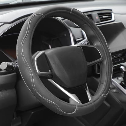 Auto Dynasty Steering Wheel Cover, Breathable Microfiber Leather Car Steering Wheel Protector with Stylish White Wavy Stitch, Anti-Slip, [14 1/2 to 15 Inches] Universal Fit Cars Trucks SUVs - color: Stitched White B