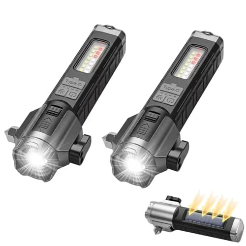 Solar Flashlights for Car Emergency Flashlight, Multi-Functional Escape Tool with Window Breaker Seatbelt Cutter Alarm Buzzer, Zoomable Spotlight for Roadside Assistance, Camping, Survival Black-2P - color: Black-2P