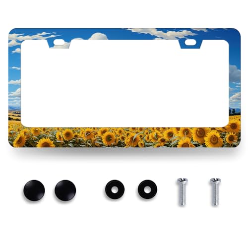 Sunflower License Plate Frame Sunshine Yellow Floral License Plate Holder Colorful Stainless Steel Sunflowers Car Accessory Funny License Plate Decoration Size 12.2" x6.2" with Screws - color: Sunflower Field Floral Painting