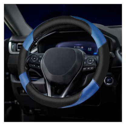 Soft Leather Steering Wheel Cover with Breathable Design and Anti-Slip Grip, Fully Compatible with Tesla, Toyota, Honda, Nissan 14.5-15.2 inch Round Steering Wheel（Sedans and SUVs） - color: DOUBLE-BLUE
