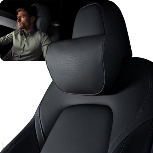 HOPON 2025 Upgrade Headrest Pillow for Tesla Model 3 Model Y with Adjustable Strap,Fits All Vehicles,Car Neck Pillow with Leather,for Head,Neck,Shoulders,Multipurpose,Car Accessories 1 Pack (Black) - color: Black, size: 1 Pack
