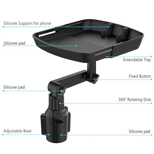 Larger Cup Holder Tray for Car, 10 inch Car Food Tray with Phone Holder Detachable 3 in 1 Car Cup Holder 360° Rotating Food Table Tray Expander for Eating