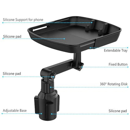 Larger Cup Holder Tray for Car, 10 inch Car Food Tray with Phone Holder Detachable 3 in 1 Car Cup Holder 360° Rotating Food Table Tray Expander for Eating