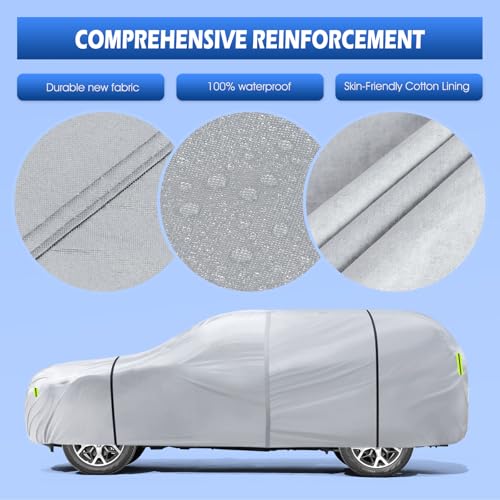6 Layers Car Cover Waterproof All Weather for Automobiles, SUV Cover Size A7 Universal Fit for Toyota Highlander, Honda Pilot, Nissan Pathfinder/Murano, BMW X5(191-201 inch), Silver