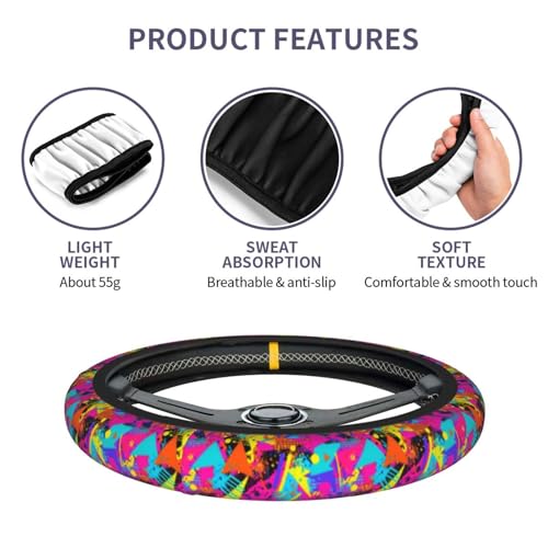 Retro 80s 90s Steering Wheel Covers Non Slip Neoprene Universal 15 Inch Steering Wheel Protector Car Cover for Men Women - color: 80s 90s