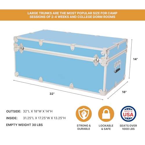 Rhino Trunk & Case Large Essential Trunk With Wheels 32”x18”x14”, 1000+ lbs Capacity - Many Colors. Strong, USA Made Summer Camp Footlocker, and Secure College Dorm Storage Chest - color: Sky Blue