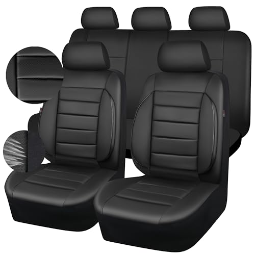 CAR PASS Leather Seat Covers Full Set Universal Water Resistant 3D Foam Back Support, Luxury Comfort Automotive 5 Seat Covers All Season Fit for SUV,Sedan,Van, Airbag Compatible Elegance(Pure Black) - color: All Black