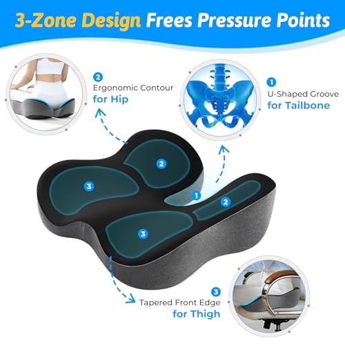 Seat Cushion for Tailbone & Sciatica Pain Relief – Certified & Ergonomist-Designed – Tapered Front Edge Reduces Thigh Pressure – Wide Memory Foam for Office Chair, Car, Wheelchair - color: Black & Gray