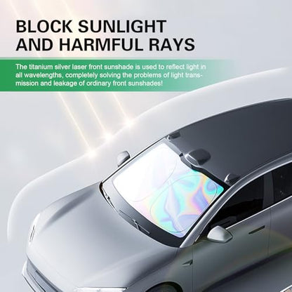 Car Windshield Sun Shade, Iridescent Sun Shade Blocks UV Rays & Heat, Foldable Sunshade with Metal Frame for Automotive Interior Protection, Universal for Most Cars (55.1" × 27.5")