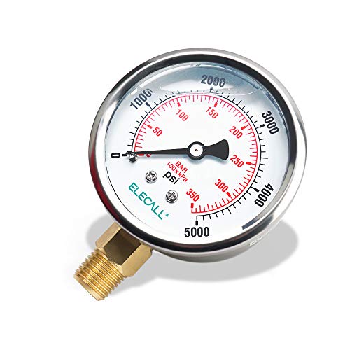 2-1/2" Glycerin Liquid Filled Air Pressure Gauge, 0-5000Psi, 1/4" NPT Lower Mount, Stainless Steel Case, Brass Internals, Water Pressure Gauge - size: 0-5000 Psi