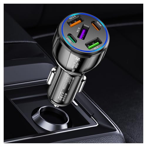 Upgraded Car Charger USB C with 5 Port,75W Cigarette Lighter Adapter with Type-C & QC 3.0 Ultra Fast Charging Port,Universal Car Charger Adapter for Navigator,Dash Cam (Black)