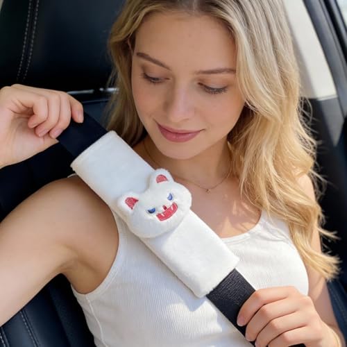 2 PCS Seat Belt Cover Pad, Cute Kawaii Animal Cat Seatbelt Covers for Kids, Soft Seatbelt Cushion, Car Seat Strap Pads (White) - color: White