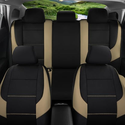 GIANT PANDA Neoprene Full Set Car Seat Covers, Leak-Proof & Waterproof Front&Rear/Back Car Seat Protector Fit 95% Cars Sedans SUV（Beige+Black） - color: Beige&Black, size: Full Set