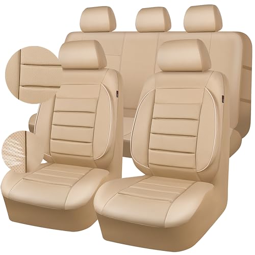 CAR PASS Leather Seat Covers Full Set Universal Water Resistant 3D Foam Back Support, Luxury Comfort Automotive 5 Seat Covers All Season Fit for SUV,Sedan,Van, Airbag Compatible Elegance (Beige) - color: All Beige