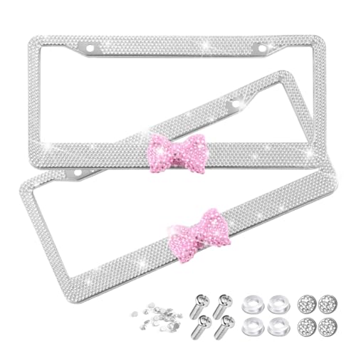 Bling Car License Plate Frame for Women, 2PCS Crystal Rhinestone Stainless Steel Vehicle Plate Holder, Glitter Diamond Sparkly Auto Plate Cover Accessories, Universal Fit (White/Pink Bow) - color: White/Pink Bow