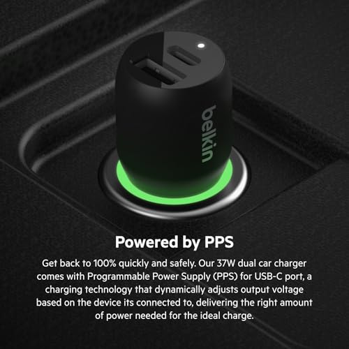 Belkin 37-Watt Dual USB Car Charger - Power Delivery 25W USB-C Port & 12W USB-A Port for PPS Charging Apple iPhone, Samsung Galaxy, AirPods, & More - style: Dual USB-A & C 37W