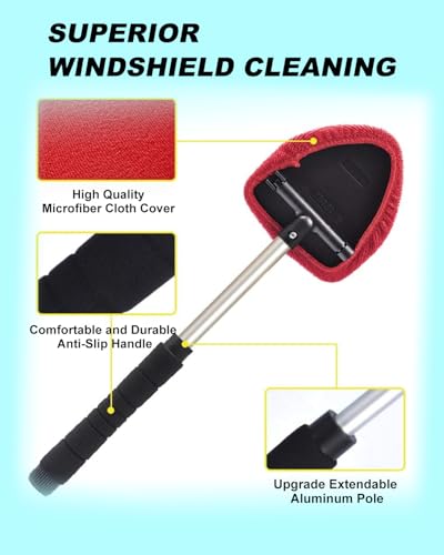 Windshield Cleaning Tool, Car Cleaner Tool with Inside Extendable Handle, Window Cleaner Brush Kit Auto Glass Wiper for Windshield with 2 Microfiber Towel Pads Home Windows, Trucks, SUV & RV - color: Red