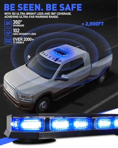 HLauto 406D Rooftop Emergency Strobe Lights Bar, 102 LED Blue Mini Beacon Safety Flashing Warning Traffic Lights Bar w/Magnetic Base for 12-24V Trucks, Construction Vehicles, Snowplow, Cars - color: Blue