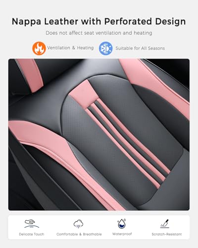 Huidasource Rear Car Seat Cover, Nappa Leather Rear Seat Cover with Ventilation Holes, Velcro Adjustable, Compatible with Seat Belts, Child Safety Seats, for Most Cars SUV Truck, Black＆ Pink - color: R# Black&Pink, size: Back Seat Cover