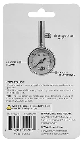 Slime 20048 Dial Gauge, Analogue, Mini, 5-60 psi with Bleeder Valve - size: Mini, style: Analogue