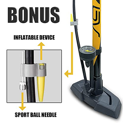 BV Bicycle Pump Durable Bike Floor Pump 17/24 inch Smart Valve Head, 160 psi, Automatically Reversible Presta and Schrader - style: Honey Yellow- Full Size