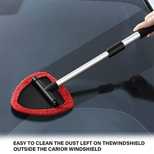 Windshield Cleaning Tool, Car Window Cleaner with 4 Washable Reusable Microfiber Pads, Extendable Long Handle Glass Wiper Cleaning Kit, Auto Accessories Universal for Office and Home (Red) - color: Red