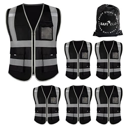 Safety Reflective Work Vest 6 Pack for Men and Women with 8 Pockets and Zipper High Visibility Construction Outerwear - color: Black, size: Small