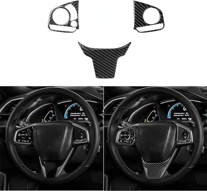 Car 10th Gen Civic Accessories Real Carbon Fiber Steering Wheel Cover Trims Inner Button Sticker Compatible with Honda Civic 2021 2020 2019 2018 2017 2016 CR-V 2017-2022 (Black) - color: Black