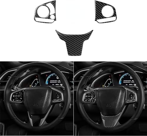 Car 10th Gen Civic Accessories Real Carbon Fiber Steering Wheel Cover Trims Inner Button Sticker Compatible with Honda Civic 2021 2020 2019 2018 2017 2016 CR-V 2017-2022 (Black) - color: Black