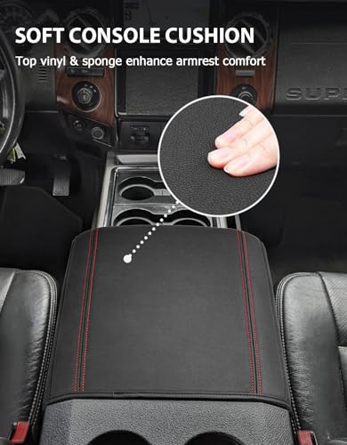Center Console Armrest Cover for 2011-2016 Ford F250 F350 F450 Super Duty Accessories, Vinyl Leather Middle Armrest Cusion Protector, Anti-Scratch, Bucket Seat Only, Black Red Stitching - size: Bucket Seat, 11-16 F250-F450, red stitch