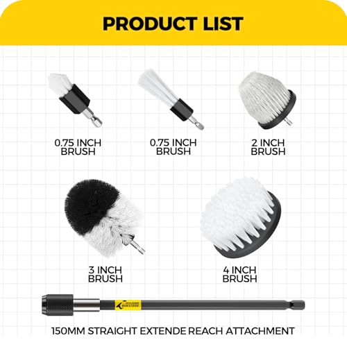 Holikme 7Pack Drill Brush Attachment Set-Car Interior Detailing Kit，Power Scrubber Brush Extended Long Attachment for Bathroom, Car，Shower，Carpet,Boat,Kitchen，Floor and Tile，White