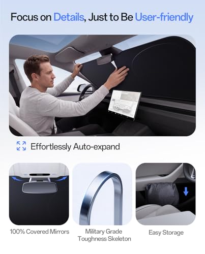 Windshield Sun Shade for Tesla Model 3 2016-2026 (Highland), 100% UV Block & Heat Insulation, Custom Fit Sunshade, Foldable Car Sunshade with Storage Bag, Protect Interior Accessories - size: Model 3 (2016-2026)