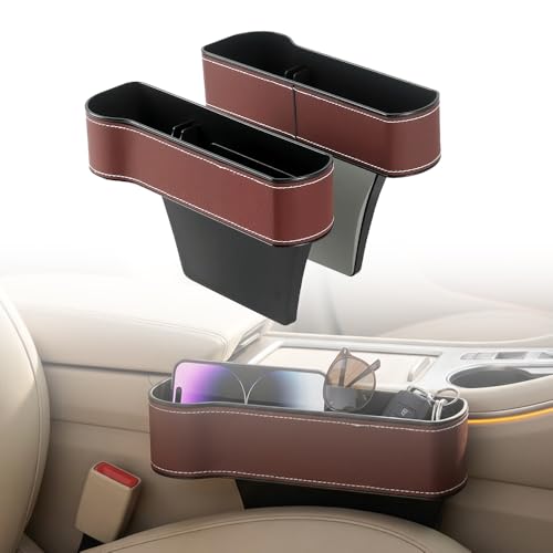 Car Seat Gap Filler Organizer, 2026 New Premium Leather Console Organizer for Holding Phone, Sunglasses, Auto Console Side Storage Box with Cup Holders 2 Seat Hooks for Drink (Brown, 1Set) - color: Brown, size: 1Set