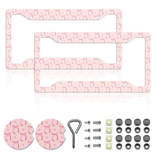 Pink Bow License Plate Frames，Pink Bow Car Accessories for Women & Men，Cute License Plate Holder，Aluminum License Plate Frame Fits Standard US Vehicles Size 12.2 x 6 Inch (Pink bow-2pcs) - color: Pink bow-2pcs