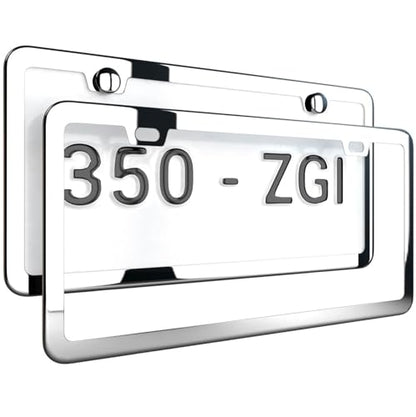 Gloss Silver License Plate Frame, Metal Thin Stainless Steel with 2 Holes Screw Cap, 2 Pack (Glossy Silver(Mirror Finish)) - color: Gloss Silver(Mirror finish)
