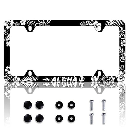 Aloha License Plate Frame Beautiful Hibiscus Flower License Plate Frames Personalise Stainless Steel Funny Design Compatible with Standard License Plate Holder for USA and Canada 6 X 12 with Screws - color: Aloha Hibiscus Flower
