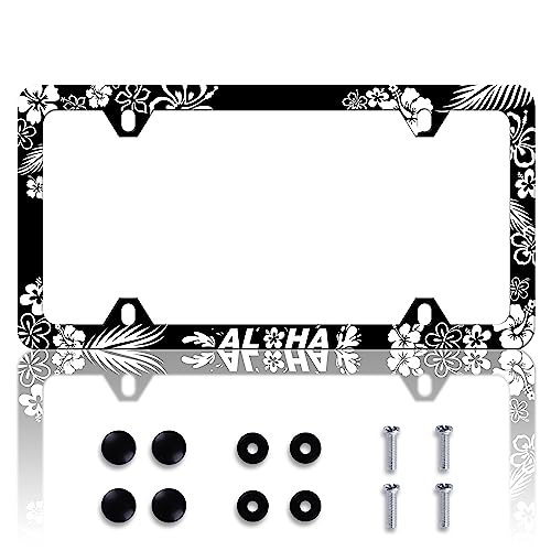 Aloha License Plate Frame Beautiful Hibiscus Flower License Plate Frames Personalise Stainless Steel Funny Design Compatible with Standard License Plate Holder for USA and Canada 6 X 12 with Screws - color: Aloha Hibiscus Flower
