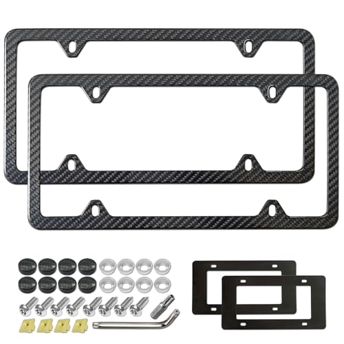 Aootf Carbon Fiber License Plate Frames- 100% Real Carbon Cloth Wrapped Stainless Steel Car Tag Holder, 2 Pack Slim Edge Black Covers with Anti Theft Screws Caps, 4 Hole - style: Slim Edge-4 Hole